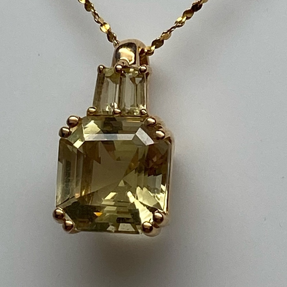 14K Yellow Gold Asscher and Baguette Cut Lemon Quartz Pendant and Chain
